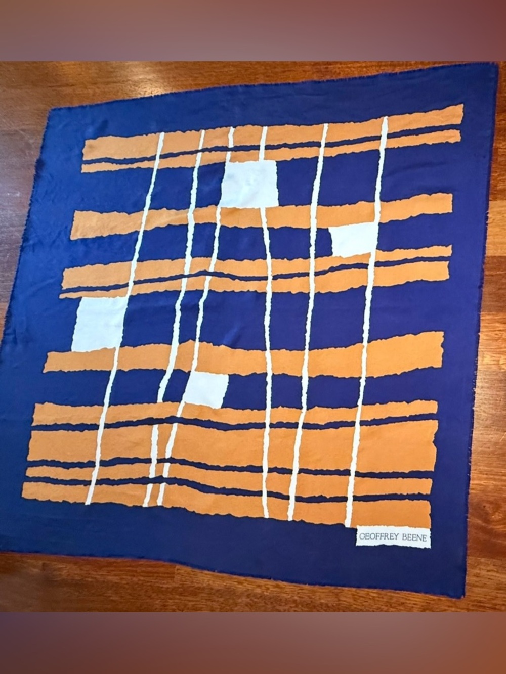Geoffrey Beene made in France Navy 100% Silk Scarf with White Label 30.5 x 31